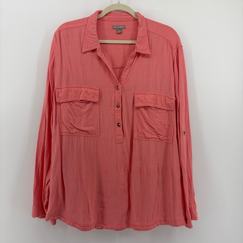 Falls Creek Coral Pink Linen Blend Tunic Top Button Front Pockets Women Size 3X